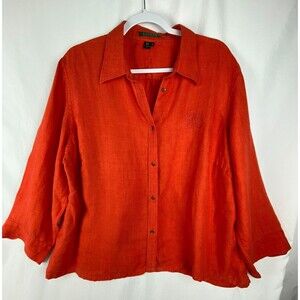 Lauren Ralph Lauren Top Women 2X Orange 100% Linen Button Down Shirt Lagenlook
